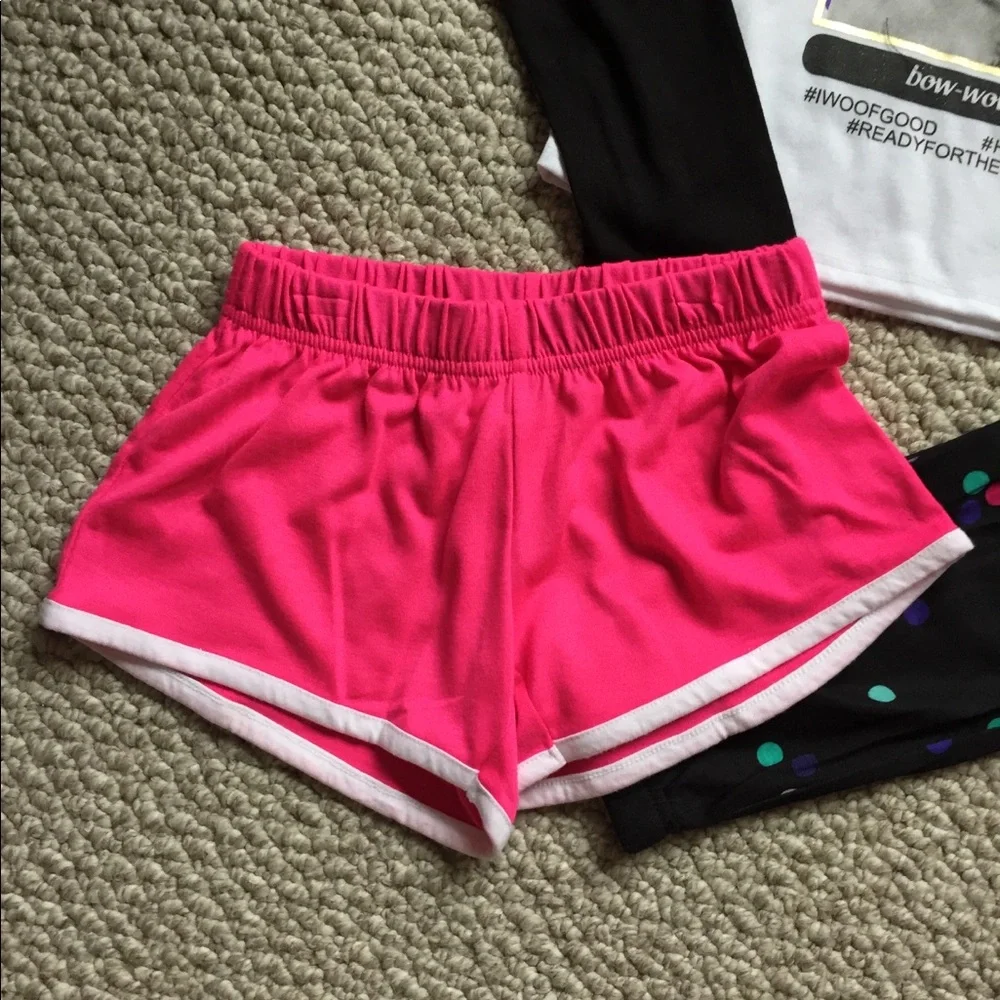 Girls 3 Piece Pajama Set Black Dot‎ Pants Pink Shorts Dog Top Outfit NWT
